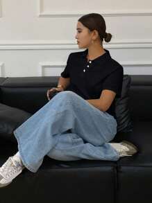 女士夏季纯色宽松短袖休闲 Polo 衫，商务休闲女装 - 黑色 - 查看 4