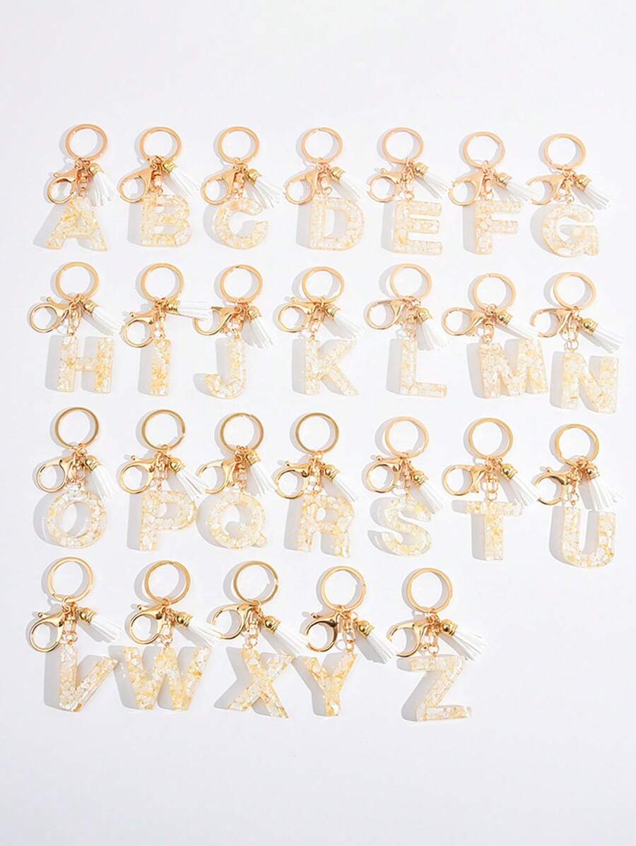 Cute Initial Letter Keyrings White Keychen,Capital Alphabet Gold Foil Resin Keychain Charm With Butterfly Tassel Pendant,Fashion Key Chain For Women Gift Purse Bag Handbag Decor,Father's Day Mother's Day Birthday Gift Thanksgiving And Christmas Day Holiday Gifts - White - View 1