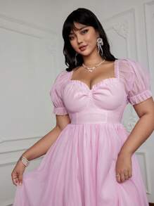 Flirla 大码女士浪漫柔软雪纺泡泡袖连衣裙，浅粉色少女风格 - 粉色 - 查看 5