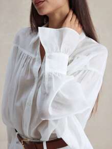 Briarwyn 女士纯色长袖褶皱单排扣宽松休闲/办公室衬衫秋季女装复古款商务休闲女装全白派对女士外出上衣女士度假女士飘逸上衣荷叶边 - 白色 - 查看 3