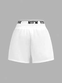 SHEIN Girlism 2 pièces Ensemble Sweat-shirt et short imprimé slogan Y2K pour filles pré-adolescentes, Top de camisole tricotée court, décontracté, streetwear, blanc