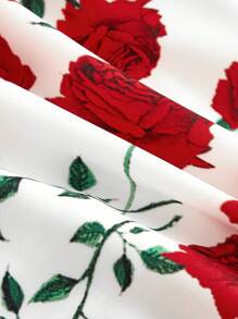 SHEIN MOD 大码复古红白玫瑰花卉浪漫花园度假连衣裙，腰部蝴蝶结 - 彩色 - 查看 7