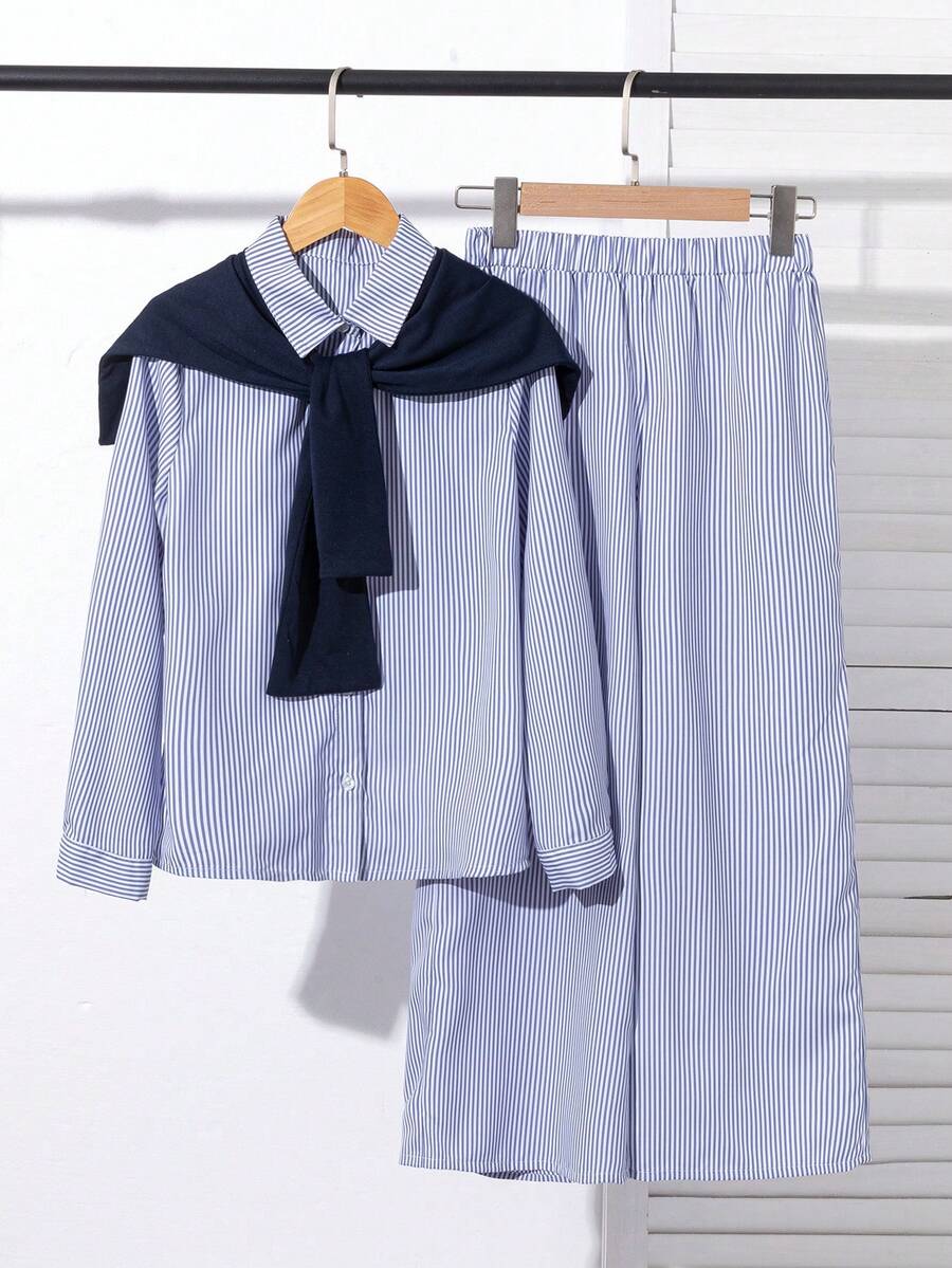 3pcs Tween Girls Striped Long Sleeve Shirt + Wide Leg Striped Pants + Shawl Casual Set Fall Winter - Navy Blue - View 1
