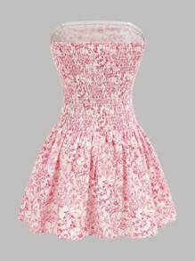 SHEIN Girlism 少女梭织花卉印花宽松抹胸连衣裙，女士休闲/婚礼宾客/毕业/太阳裙，复活节/度假连衣裙，骑行短裤，波西米亚/波西米亚风服装，夏季短裤，海滩度假装