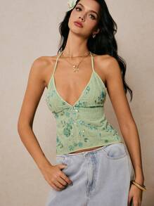 Poéselle Women's Deep V Glamorous Fitted Sequins Halter Top