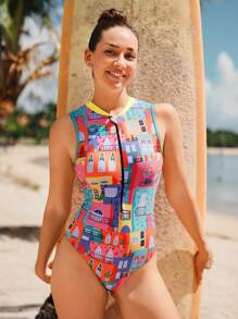 Swim SPRTY Sleeveless Art Abstract Contrast Binding Zipper Front One-Piece Swimsuit For Summer Beach Vacation - Multicolor - View 3