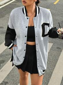 Muchica Plus Letter Patched Striped Trim Drop Shoulder Varsity Jacket Winter Fall Autumn - Light Grey - View 5