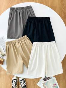 4pcs Tween Boys Casual School Style Solid Color Shorts, Suitable For Commute, School, Daily Casual Wear, Sports, Spring & Summer