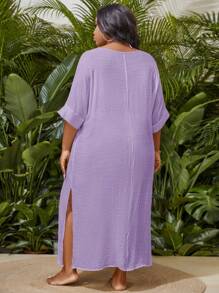 Slaydiva Plus Size Vacation Beach Solid Color Side Slit Cover-Up Dress For Summer - Mauve Purple - View 2