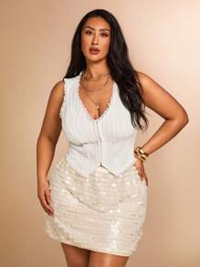 SHEIN BAE Plus Size Women's Summer White Lace Patchwork Vest,Elegant V-Neck Knitted Tops,Casual Textured Hook And Loop Party Wedding Birthday Club Top - White - View 2