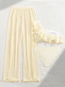 Women's Ivory Beach Vacation Ruffled Shoulder Bikini Set With Pants For Summer - Beige - View 2