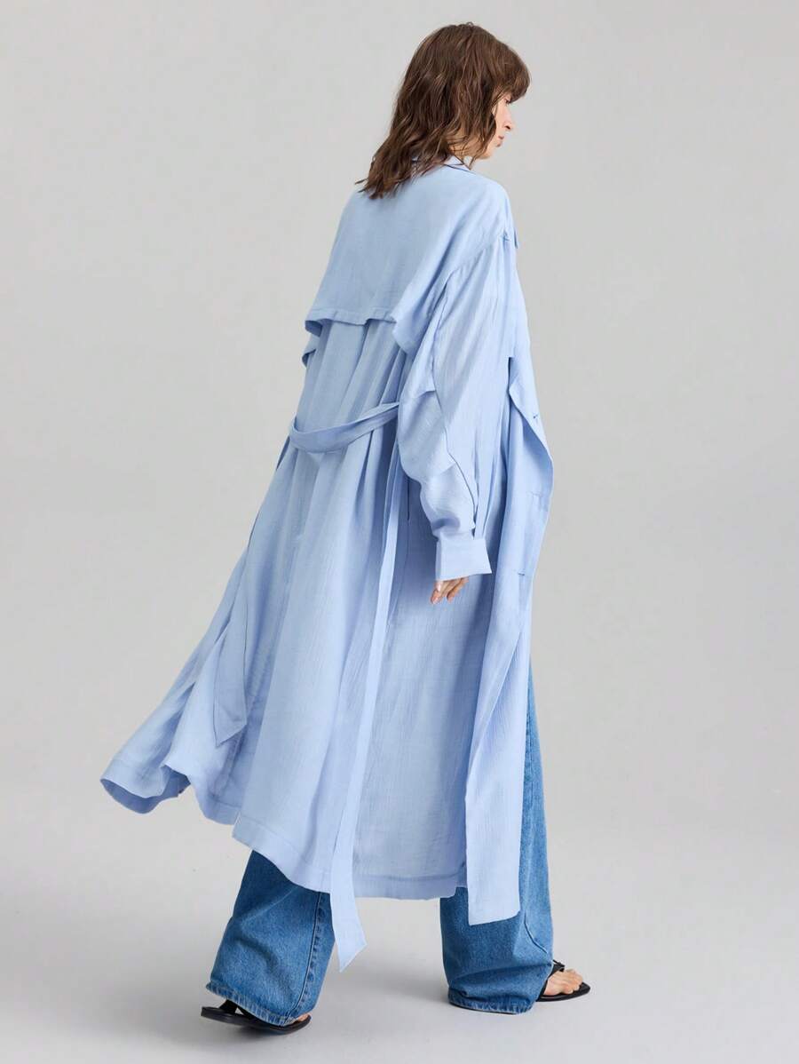 Ontre 2025 Autumn Women's Solid Color Double-Breasted Trench Coat, Casual Commuter, Loose & Comfortable, Unisex Business Casual Office Wear - Baby Blue - View 1