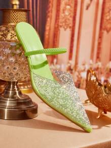 CUCCOO TILAWA Women's Spring/Summer Pointed Toe Flat Heel Sexy & Elegant Sequined Beaded Transparent PVC Back Open High Heels, Suitable For Graceful Ramadan Evening Party, Nightclub, Music Festival