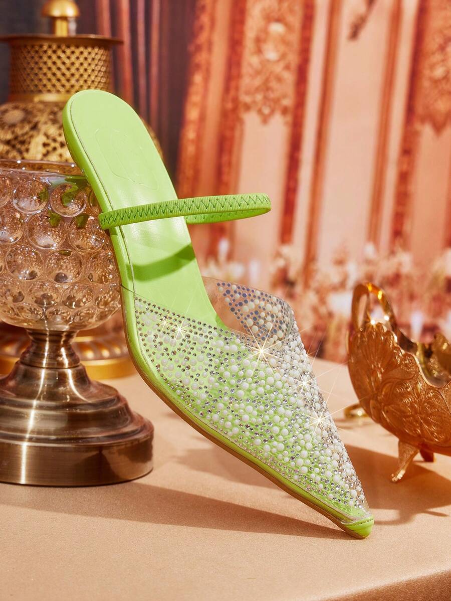 CUCCOO TILAWA Women's Spring/Summer Pointed Toe Flat Heel Sexy & Elegant Sequined Beaded Transparent PVC Back Open High Heels, Suitable For Graceful Ramadan Evening Party, Nightclub, Music Festival