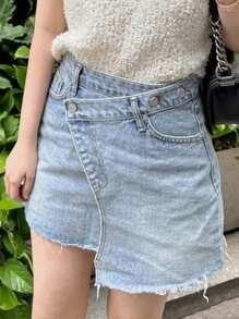 DAZY Women's Asymmetrical Waistline Asymmetric Placket Short Denim Mini Skirt Low Rise Jeans Jeans Skirt - Light Wash - View 4