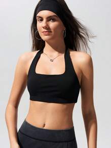 Menodora SHEIN Sport Movishi Moisture Absorption & Quick Dry Plain Knit Cropped Backless Halter Tank Top - Black - View 7
