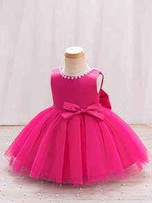 SHEIN Glamorique Kids 女婴圣诞公主裙、舞会礼服、派对和婚礼花裙、粉色薄纱泡泡裙、白色串珠 V 字背大蝴蝶结公主礼服婴儿紫色连衣裙 - 玫紅色 - 查看 3