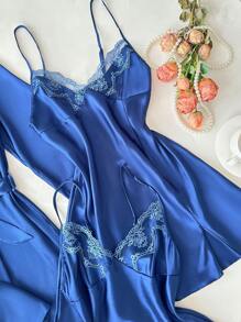 SilkySpell 4pcs/Set Embroidered V-Neck Faux Silk Slip Dress + Camisole Top & Shorts + Robe - Navy Blue - View 4