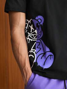 SWAVVY Áo thun nam in chữ và gấu & quần short cạp rút, bộ đồ chạy bộ, trang phục du lịch mùa hè vui nhộn nhiều màu sắc - Màu tím  Violet - Xem 4