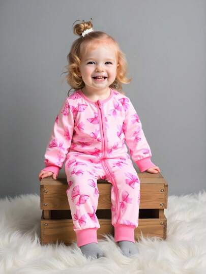 بدلة طفلة قصيرة كاجوال حادة بأكمام طويلة بلون أحادي، مزينة بشريط أمامي مع سحاب