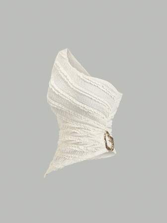 Sweetra Damen neue Bluse im asymmetrischen Ein-Schulter-Stil für Frühling & Sommer, strukturierter Stoff, Metallknopf-Dekoration, geeignet für Strandurlaub