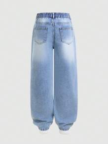 青少年男童复古美式做旧猫须牛仔裤，宽松休闲工装裤，蓝色，适合学校、校园、大学暑假穿着 - 中等水洗藍 - 查看 2