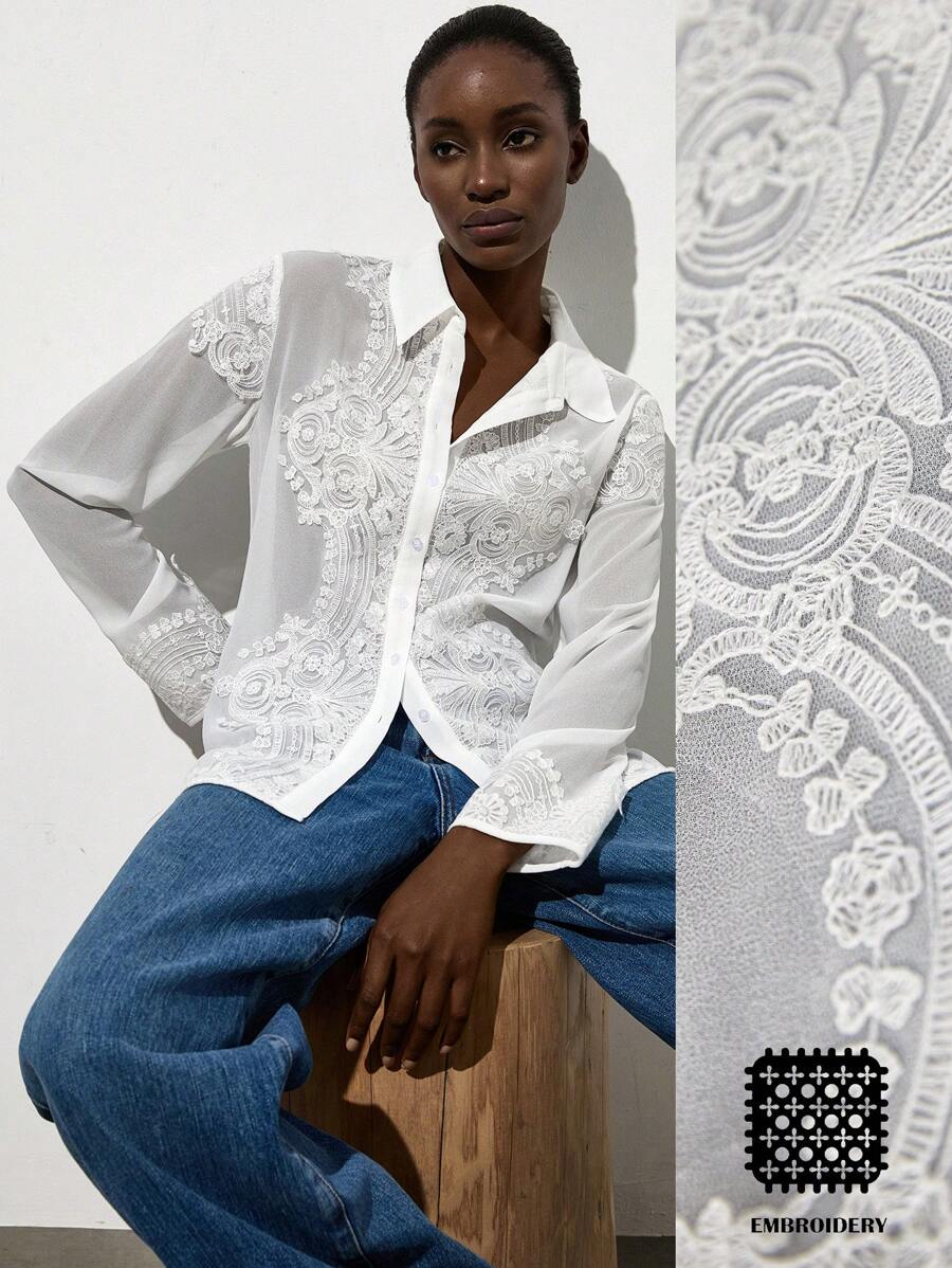 Aveloria Modichic Blusa elegante y refinada francesa de manga larga para mujeres, con detalles de encaje blanco de gasa semitransparente y bordados de alta gama - Blanco - Ver 1