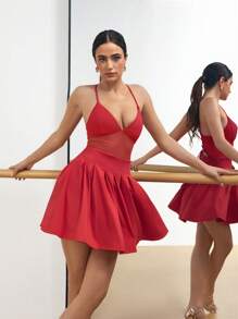 Menodora SHEIN Sport Women Solid Color Mesh Patchwork Sleeveless Sports Dress Latin Dancewear - Red - View 3
