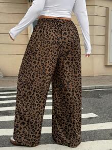Muchica Plus Size Loose Straight Leg Pants With Leopard Print, Casual, For Autumn/Winter