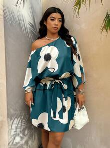 Rometta Flower Printed Asymmetric Collar Plus Size Casual Vacation Dress - Multicolor - View 8