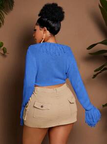 Maweii Áo khoác cardigan tua rua dài tay cỡ lớn cho nữ, đi chơi mùa xuân hè, đi biển - Màu xanh lam - Xem 2