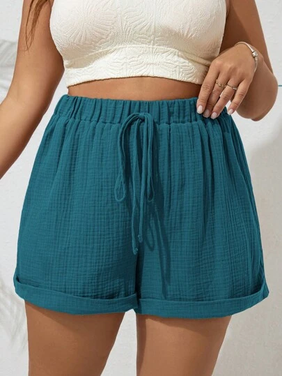 SHEIN VCAY Plus Size Women Solid Color Waist Tie Rolled Hem Casual Shorts