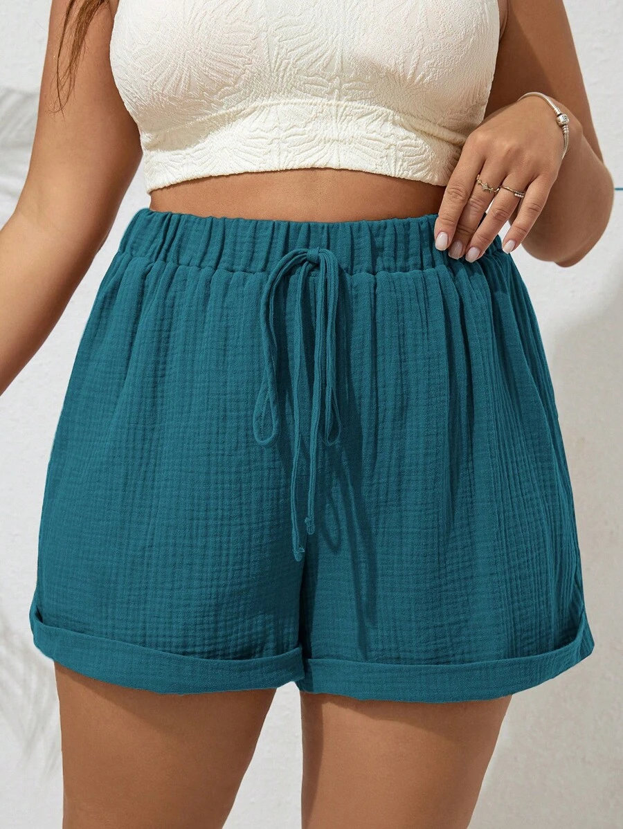 SHEIN VCAY Damen Große Größen Shorts Einfarbig mit Taillenband und umgeschlagener Baumkante, Lässig