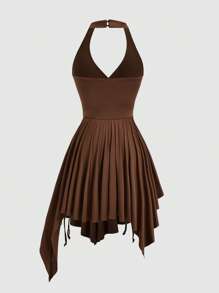 Sweetra 大码露背收腰不对称下摆度假休闲迷你连衣裙 - 棕色 - 查看 2