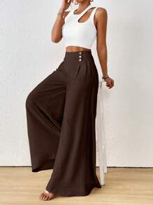 SHEIN Raffinéa Fall Women Clothes Women's Solid Color High-Waist Button Accent Pleated Wide-Leg Loose Pants - Coffee Brown - View 4