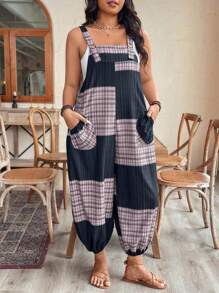 SHEIN Clasi Plus Size Women's Plaid Pocket Loose Wide Leg Jumpsuit With Straps Women Summer Clothing Women Summer Jumpsuit Woman S Summer Clothes Women S Clothes Work Summer Jumpsuit Women Short Jumpsuit Summer Women Summer Sets Women Plus Clothing Formal Women Casual Jumpsuit - Grey - View 6