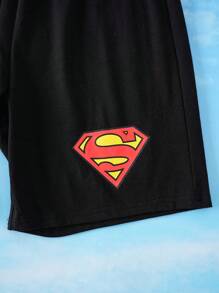SUPERMAN X SHEIN Conjunto de camiseta de manga corta casual azul con diseño de superhéroe de dibujos animados y shorts sueltos negros para niño preadolescente - Multicolor - Ver 5