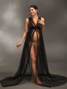Cheriluna Maternity Robe de maternité pour séance photo, col cravate, dos nu, fendu, robe noire transparente