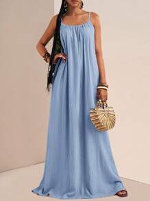 Zivah 2025年夏季新款音乐节、复活节、圣帕特里克节、西部风、游牧风、生日派对庆典、毕业季、学生装、日常休闲、度假、邮轮旅行、海滩、日光浴、网红流行可调节肩带、垂直罗纹纹理、宽松版型、卡其色女装连衣裙 - 藍色 - 查看 6