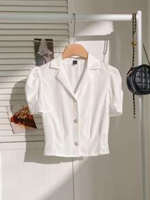 Comfortcana 夏季白色翻领泡泡袖纽扣衬衫 - 白色 - 查看 4