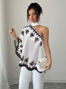 Rafferiza 女士优雅印花不对称下摆蝙蝠袖系带衬衫 - 淺粉色 - 查看 3