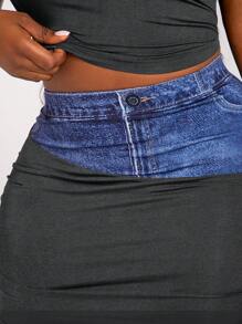 SHEIN SXY Bộ đồ hai mảnh dành cho nữ cỡ lớn, gồm áo crop top và chân váy phối vải giả denim in họa tiết, phù hợp cho mặc hàng ngày, lễ hội âm nhạc, buổi hòa nhạc, tiệc hóa trang, kỳ nghỉ biển, hẹn hò, sinh nhật, tiệc độc thân, câu lạc bộ, dễ thương, giản dị, mua sắm, thời trang đường phố, đi chơi, dễ phối đồ và giúp trông thon gọn, tôn dáng, tạo vóc dáng đẹp, bộ trang phục mùa hè 2 mảnh dành cho nữ. - Màu xám đen - Xem 8