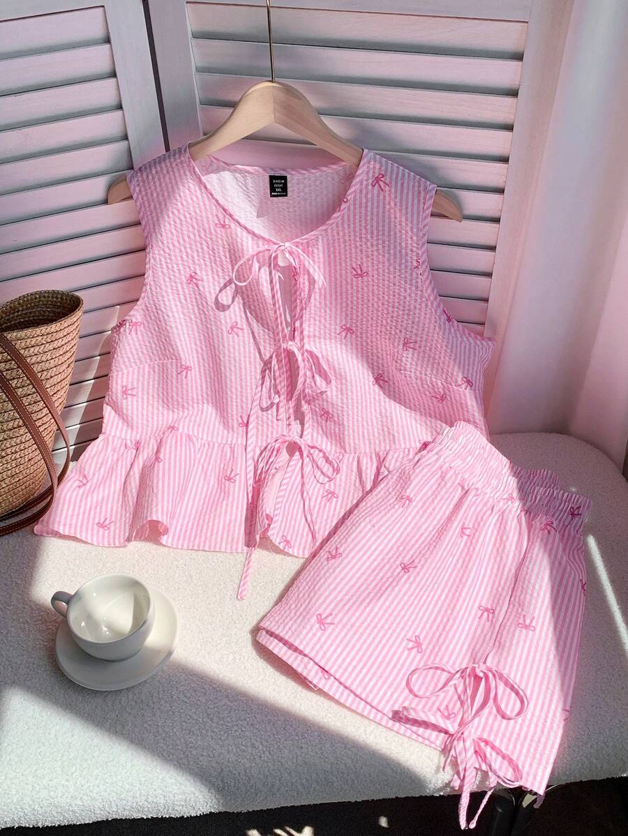 Comfortcana Women Plus Size Round Neck Striped Bow Decor 2pcs Set, Summer - Baby Pink - View 1