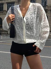 DAZY 女款圓領對比蕾絲寬鬆透視長袖襯衫校園風 - 白色 - 查看 5