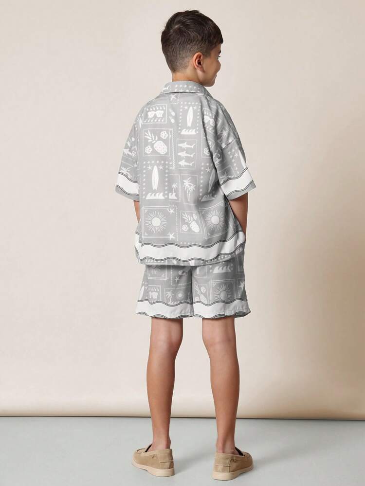 Chemise hawaïenne rétro à imprimé requin et palmier