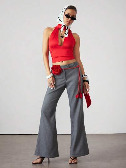 Fairycore 1 Stück Reizender roter Blumen- und Blätter-Muster Bindeband, Y2K Vintage Botanisches Design gürtellose Quasten Gürtel, Mode Taille Accessoire