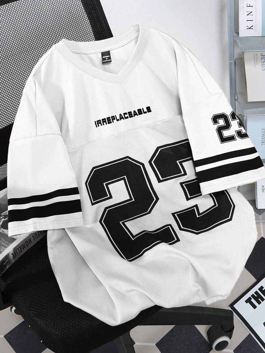 Manfinity Campus Court Aesthetic Post--Men's Casual V-Neck T-Shirt With Numerical 23 Print, Young Street Style Sports Jersey,Graphic Tees,Graphic Tee,Funny Shirt,Oversizedsummer 22 Jersey Shirt Jerseys For Men Y2k Hockey Jersey - White - View 1