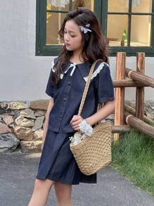 DAZY 2pcs/Set Tween Girl Collared Short Sleeve Denim Top + Skirt Set, Summer, Back To School Clothes