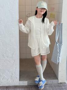 2 件 Tween Girl 连帽夹克 + 短裤套装，秋季服装，返校服装 - 白色 - 查看 3