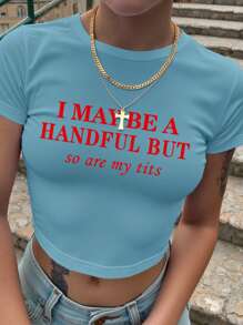 INAWLY Women Short Letter Print Round Neck Cropped T-Shirt, Summer - Dusty Blue - View 1